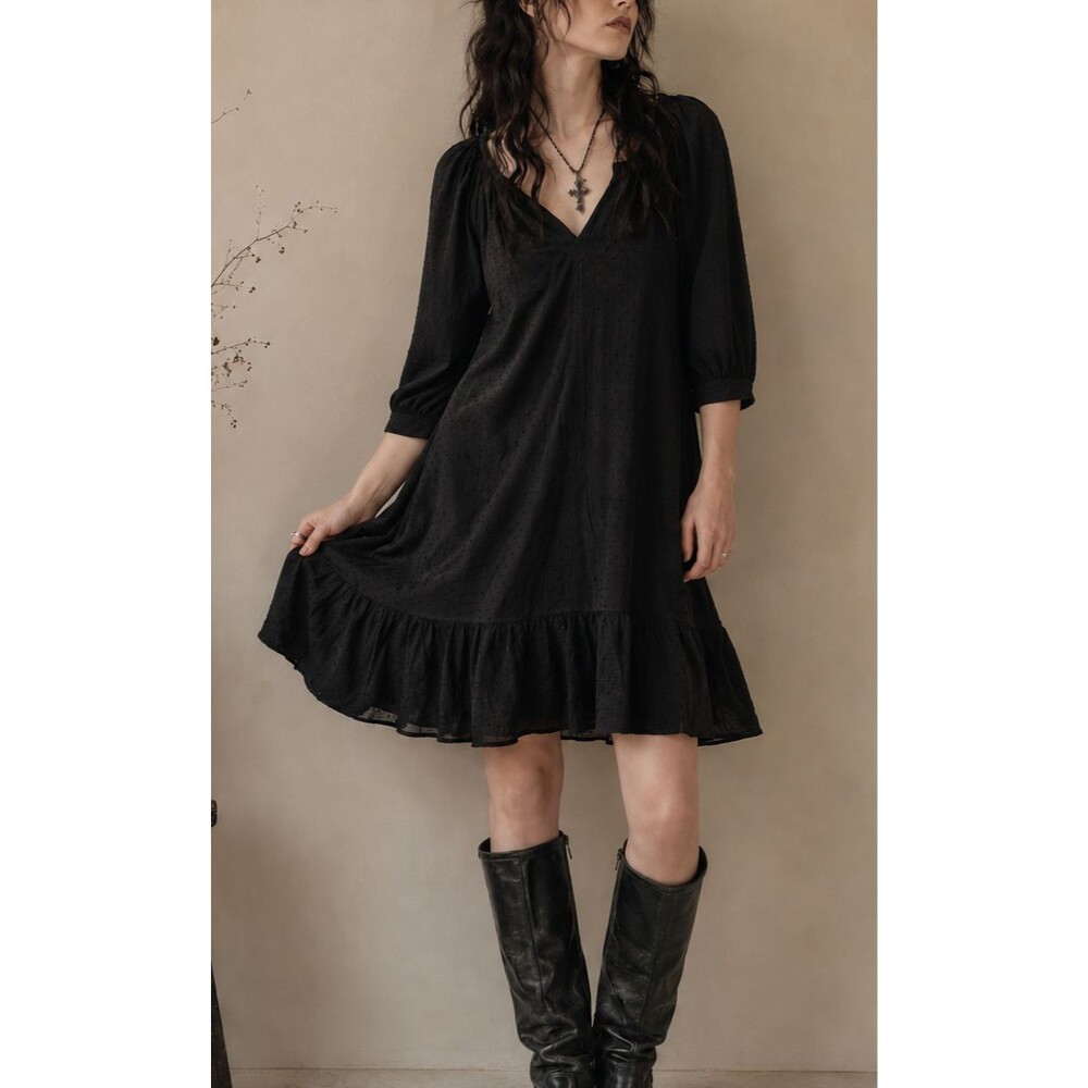 Loft Dress Women Medium Black Gauzy 3/4 Sleeve Rayon Boho Festival Goth Casual